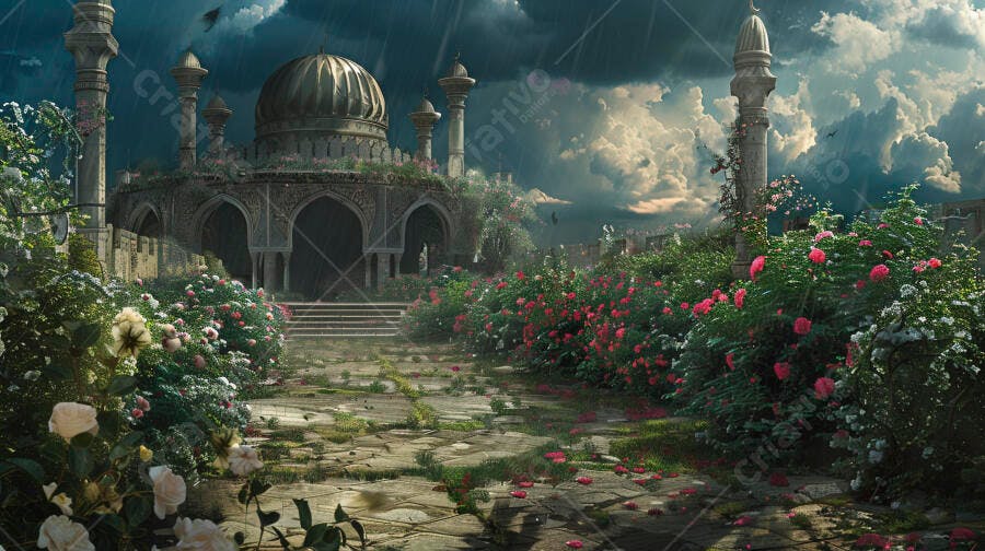 Palácio antigo com jardim de rosas sob céu dramático e colunas ornamentadas