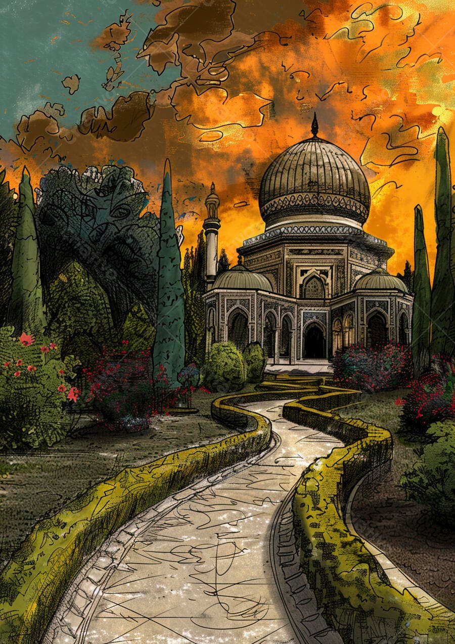 Mausoléu islâmico ornamentado em jardim ao pôr do sol laranja