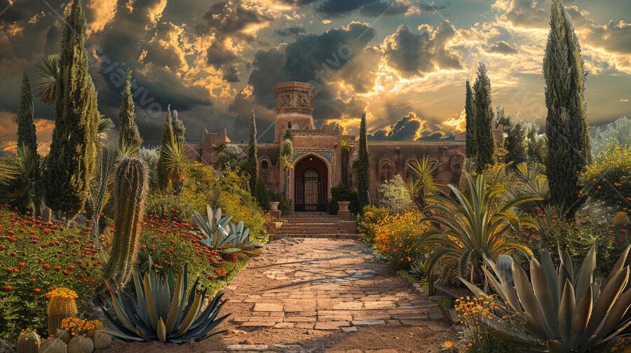 Edifício histórico em jardim exótico com cactos e ciprestes ao pôr do sol