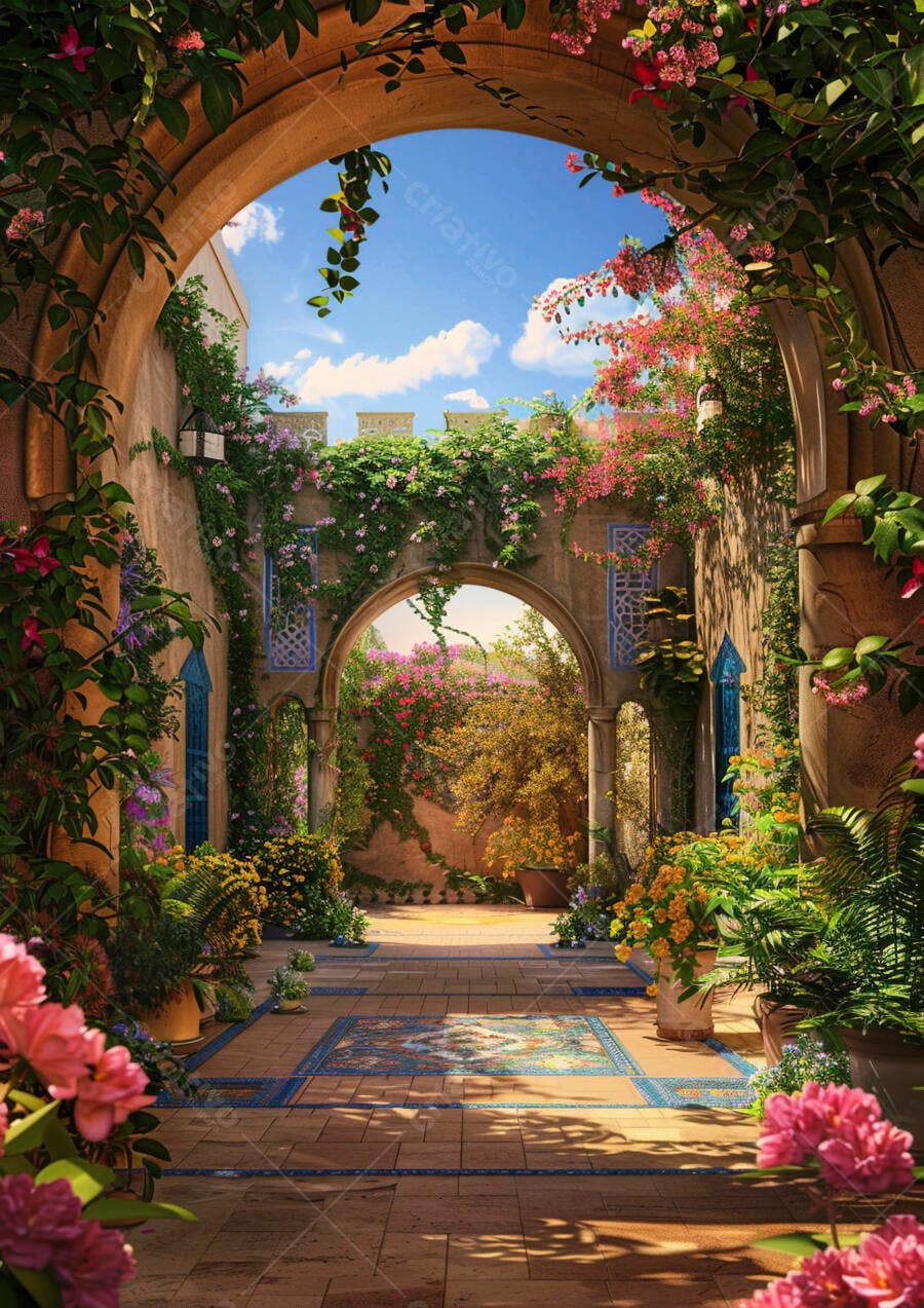 Arco de pedra decorado com plantas e flores rosa em jardim vibrante sob céu azul