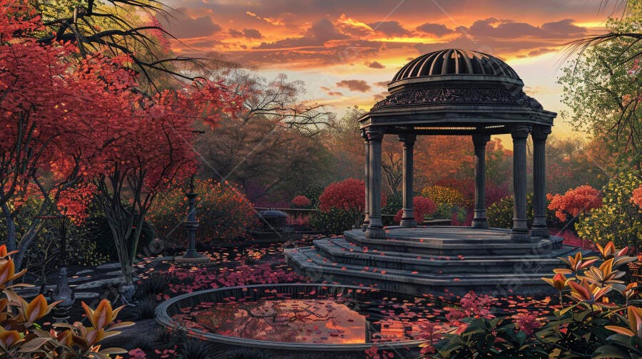 Gazebo ornamental em jardim exuberante ao pôr do sol de outono