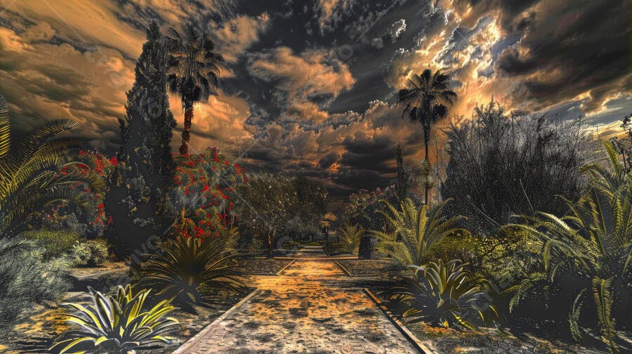 Jardim tropical com palmeiras e céu dramático ao pôr do sol