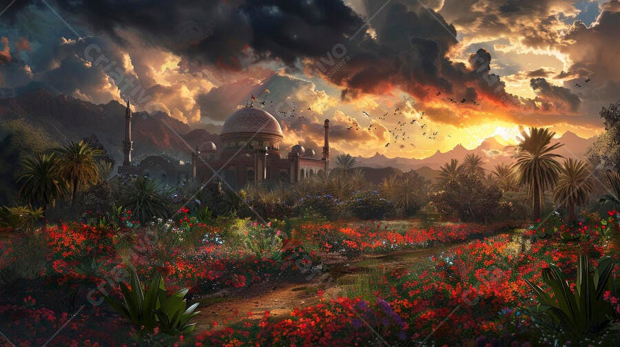 Mesquita majestosa ao pôr do sol entre montanhas, palmeiras e flores vermelhas