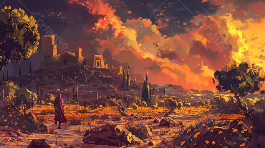 Personagem com capa vermelha caminhando para castelo ao pôr do sol