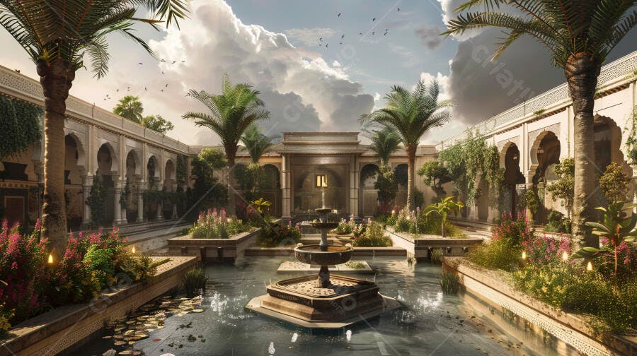 Jardim árabe luxuoso com fonte e palmeiras ao entardecer