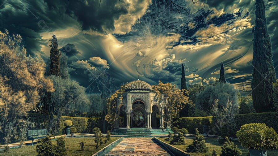 Pavilhão ornamental em jardim com céu dramático e árvores altas