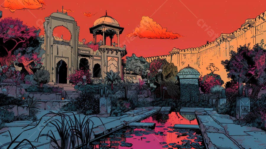Palácio indiano antigo jardim exuberante lago refletindo céu vermelho pôr do sol