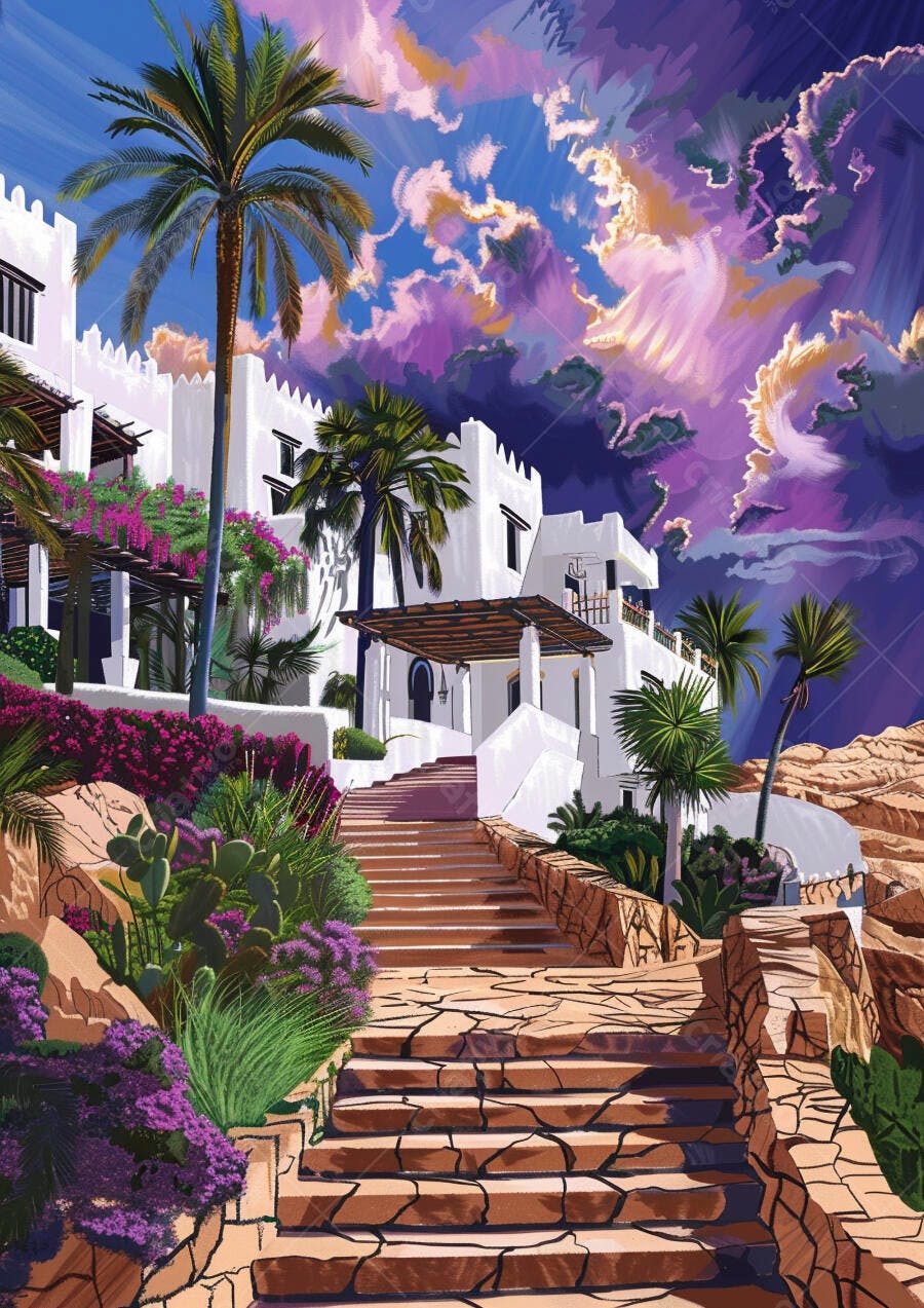 Edifício branco estilo mediterrâneo com palmeiras e céu roxo laranja dramático ao entardecer