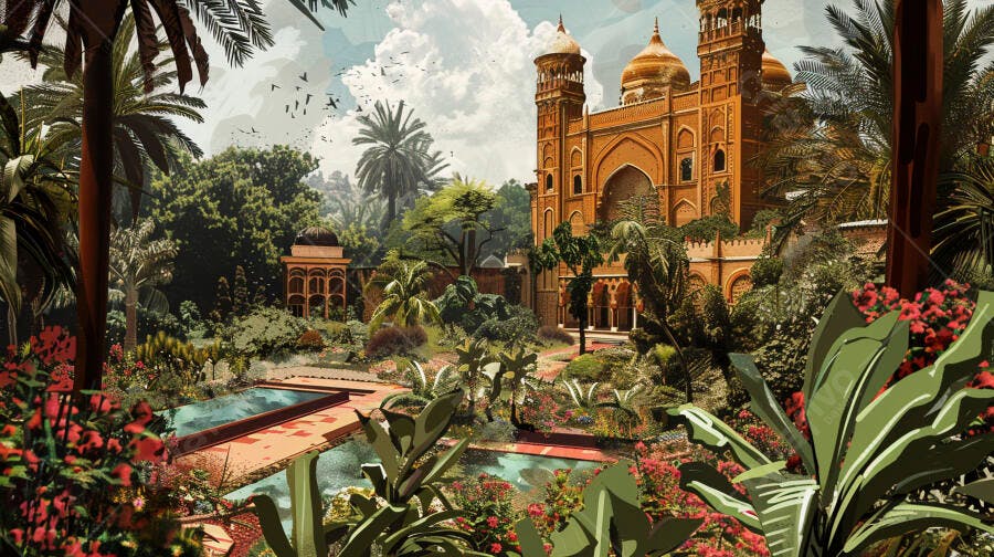 Palácio ou Mesquita indiana com jardins exuberantes e lagos serenos