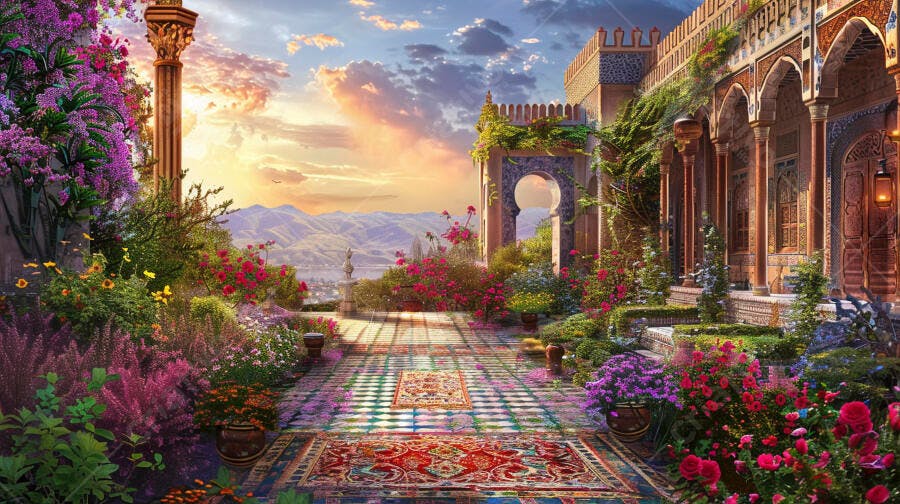 Pátio oriental florido com arquitetura mourisca e vista para montanhas ao pôr do sol