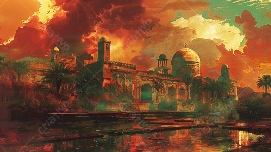 Antigo palácio ou mesquita com cúpula e minaretes ao pôr do sol vibrante sobre água