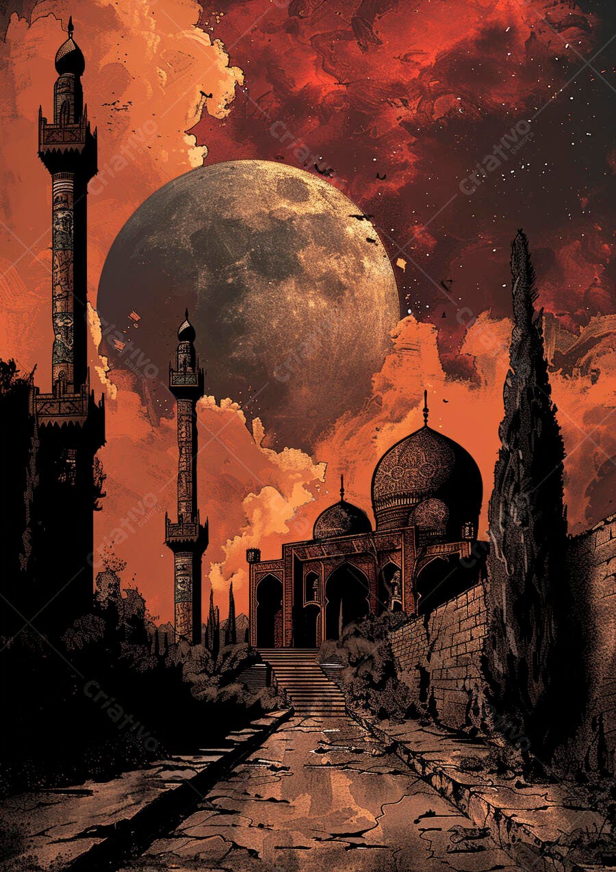 Mesquita imponente com minaretes sob lua cheia e céu avermelhado noturno