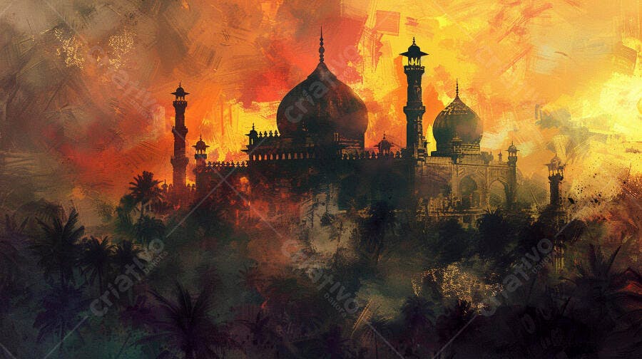 Templo ou mesquita com cúpulas e minaretes em pôr do sol vibrante e palmeiras