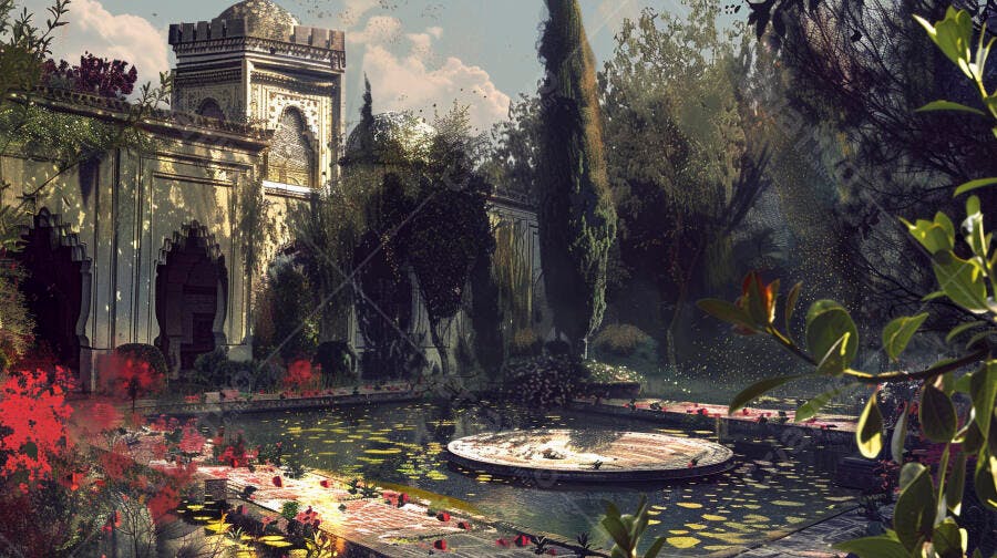Palácio antigo abandonado em jardim exuberante com lago e flores vermelhas