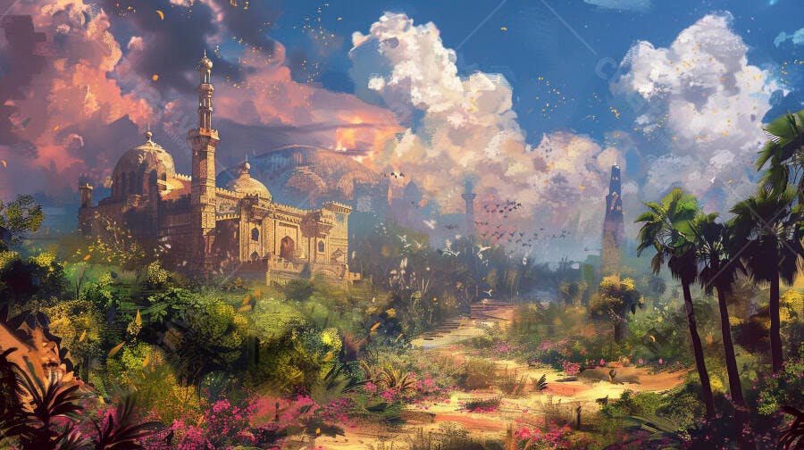 Mesquita árabe antiga em paisagem de fantasia ao pôr do sol colorido