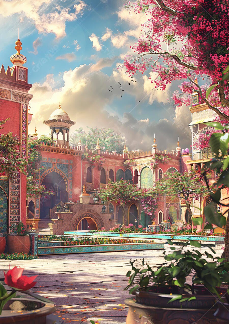 Pátio de palácio oriental florido com arquitetura fantástica e céu azul