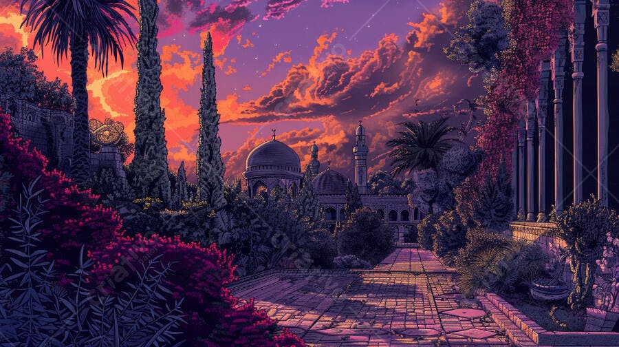 Mesquita no jardim exótico com palmeiras ao pôr do sol roxo e laranja radiante