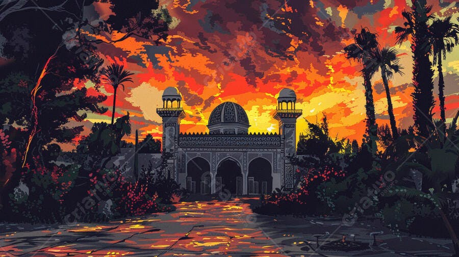 Templo ou Mesquita com cúpula ao pôr do sol vibrante entre palmeiras