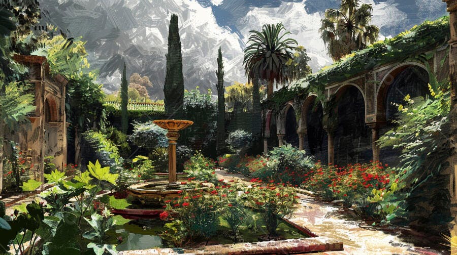 Jardim exuberante com fonte dourada e arcos antigos em dia ensolarado