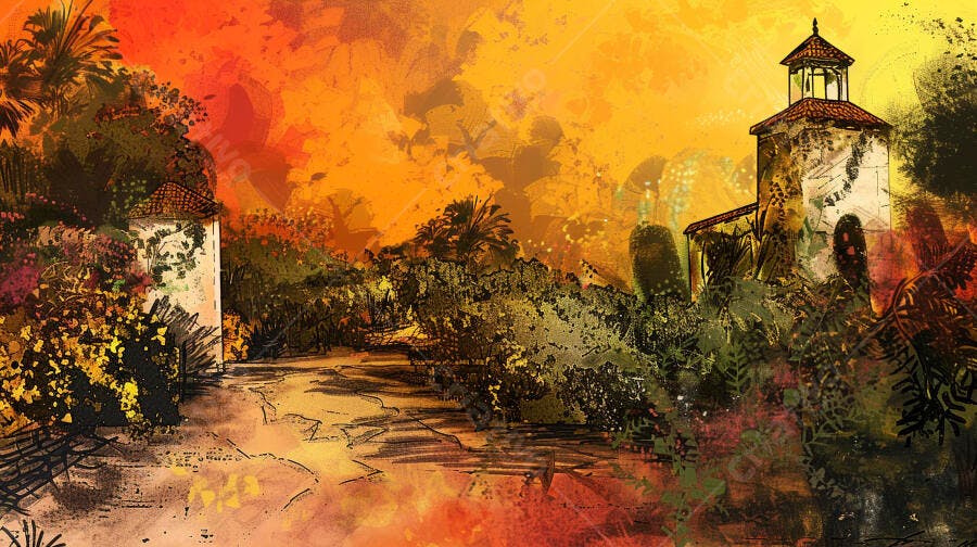 Paisagem artística com torre e caminho sob céu laranja vibrante