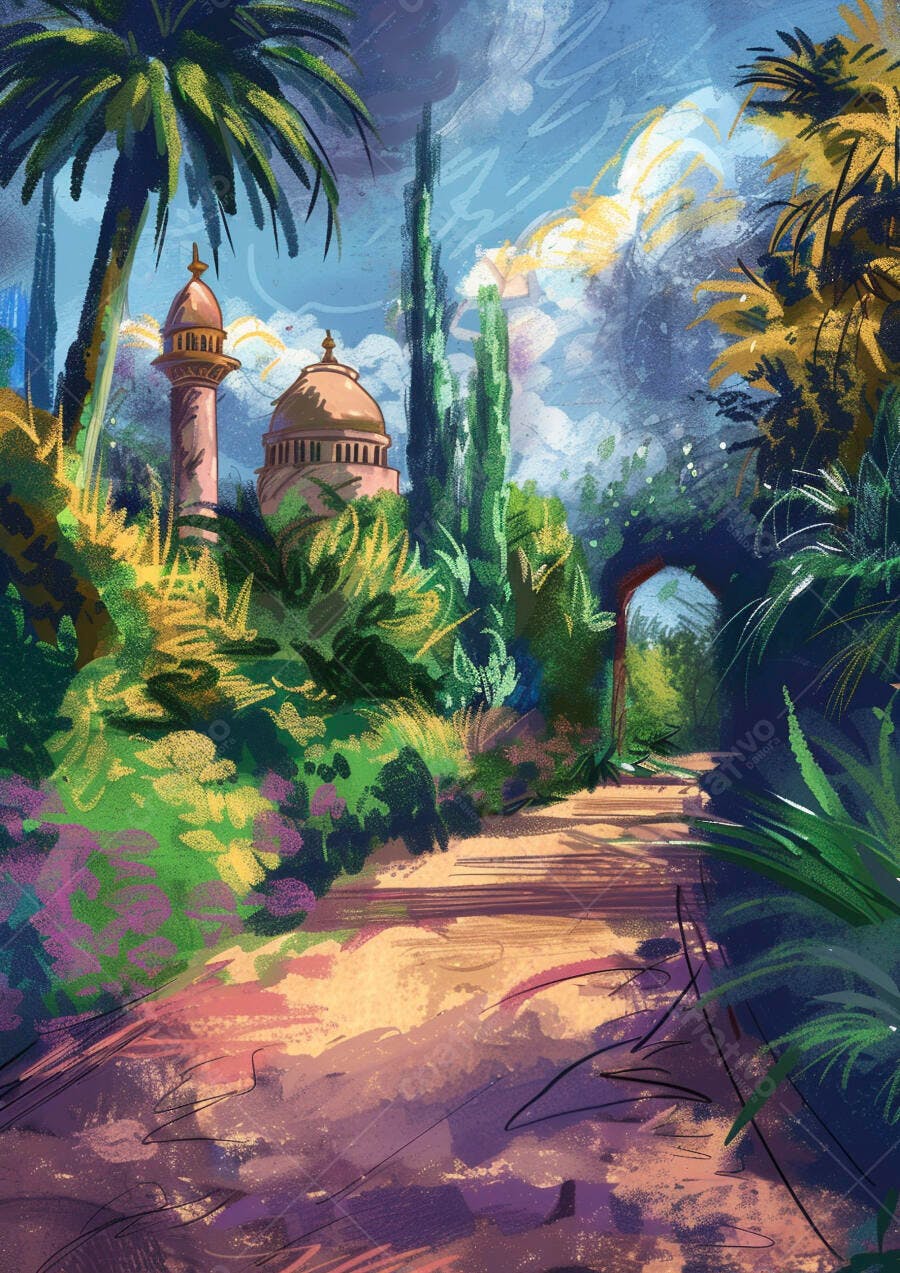 Jardim árabe com minarete dourado caminho ensolarado e flora exuberante