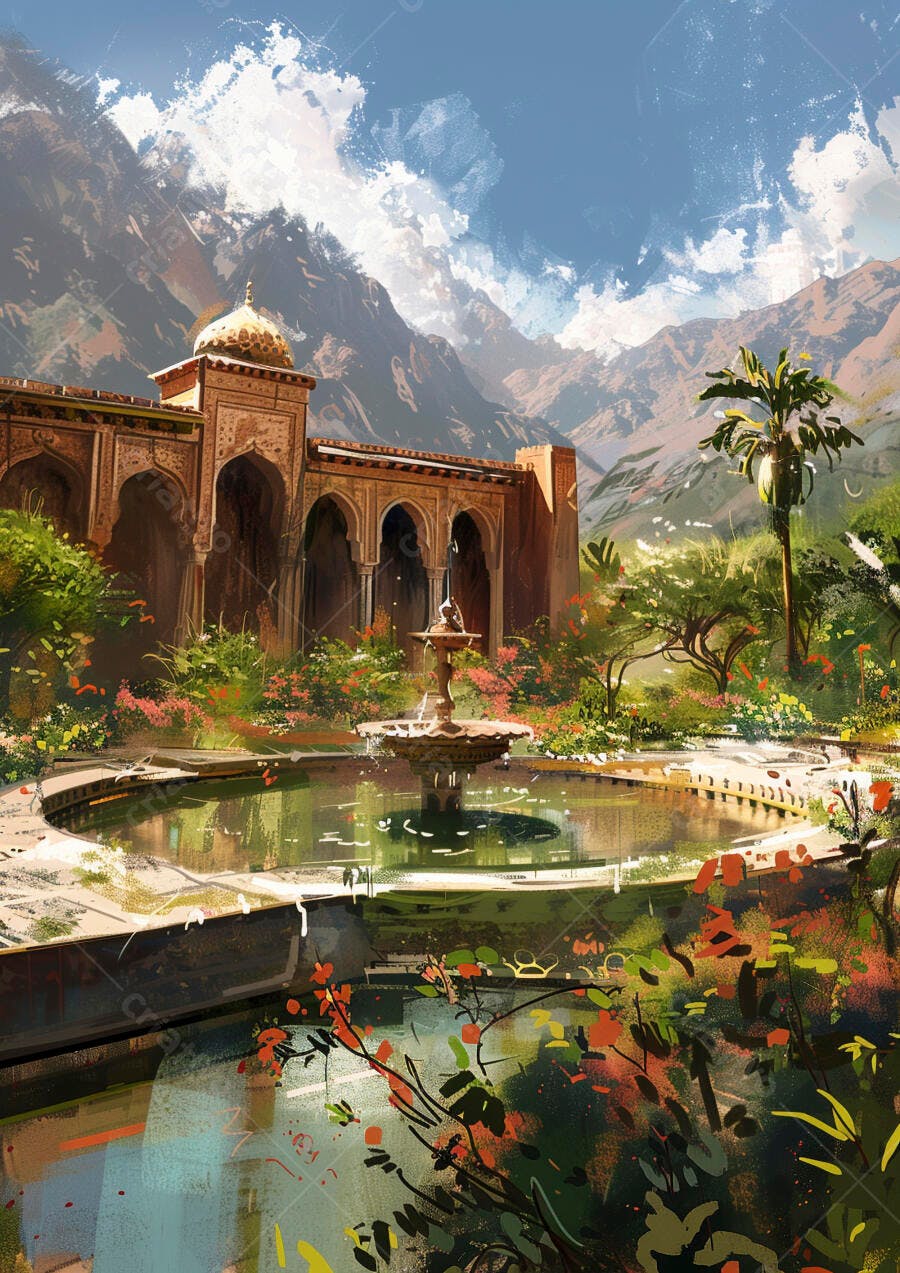Palácio árabe com fonte e jardins exuberantes sob montanhas majestosas