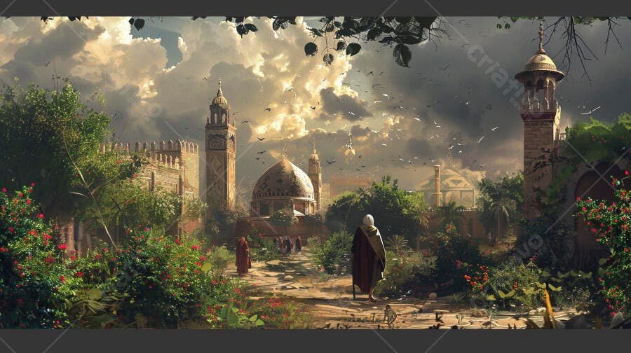 Pessoas caminhando em cidade antiga com mesquita e minaretes sob céu dramático