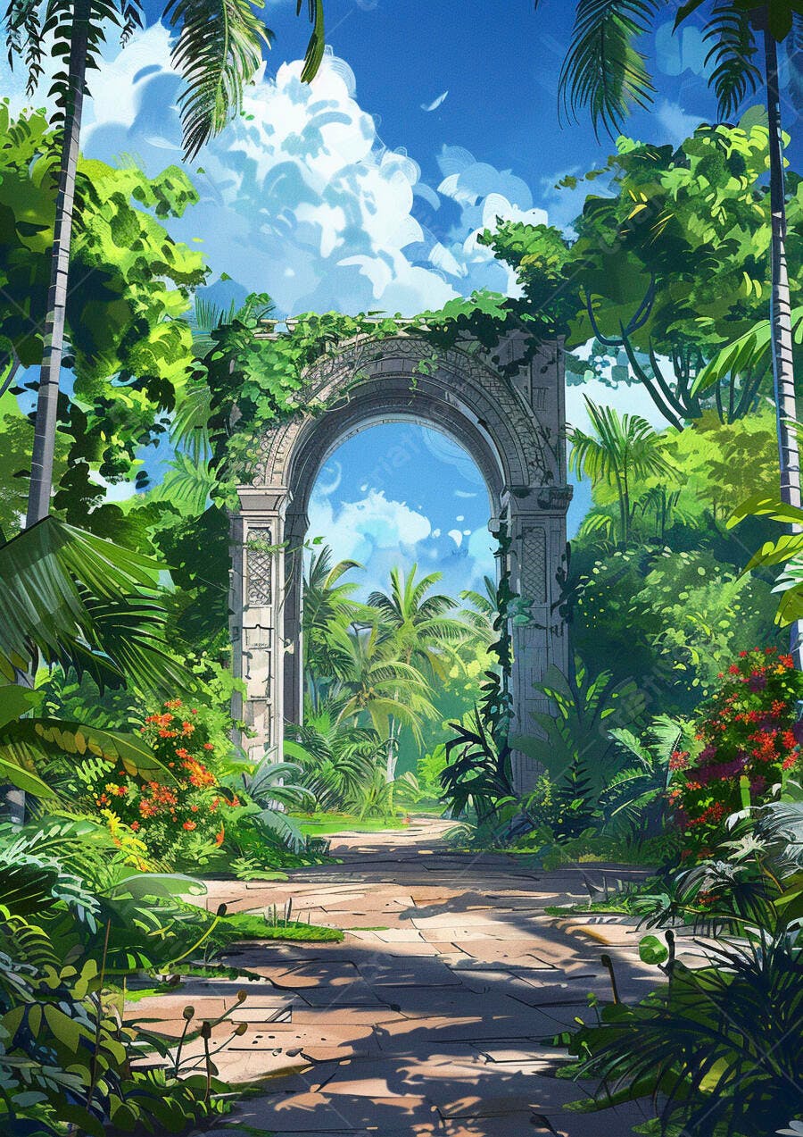 Arco de pedra antigo em jardim tropical exuberante com flores vermelhas