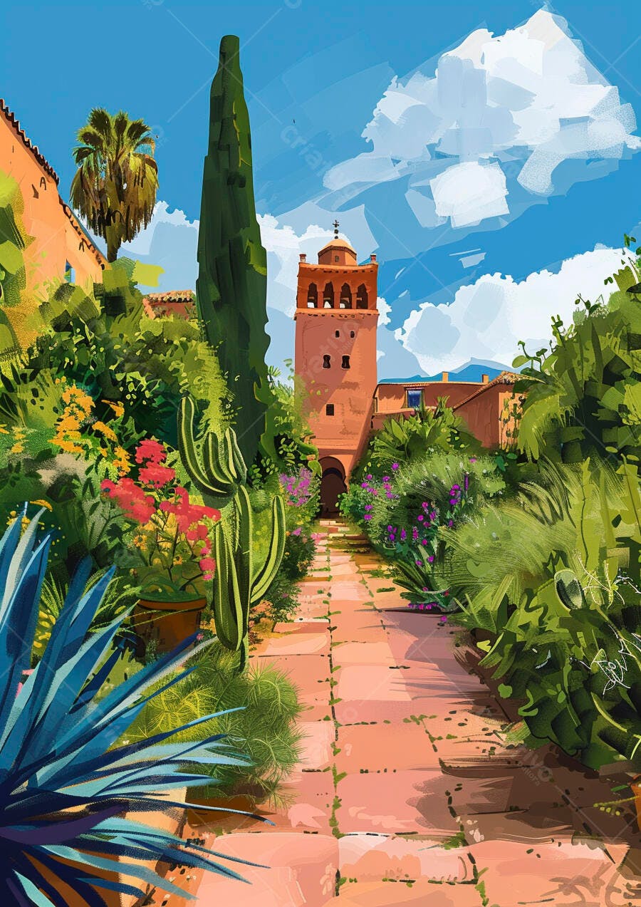 Jardim exótico com caminho de pedra e torre antiga sob céu azul vibrante