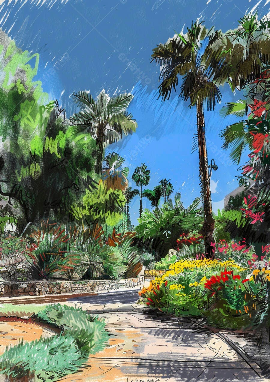 Jardim tropical exuberante com flores coloridas e palmeiras sob céu azul