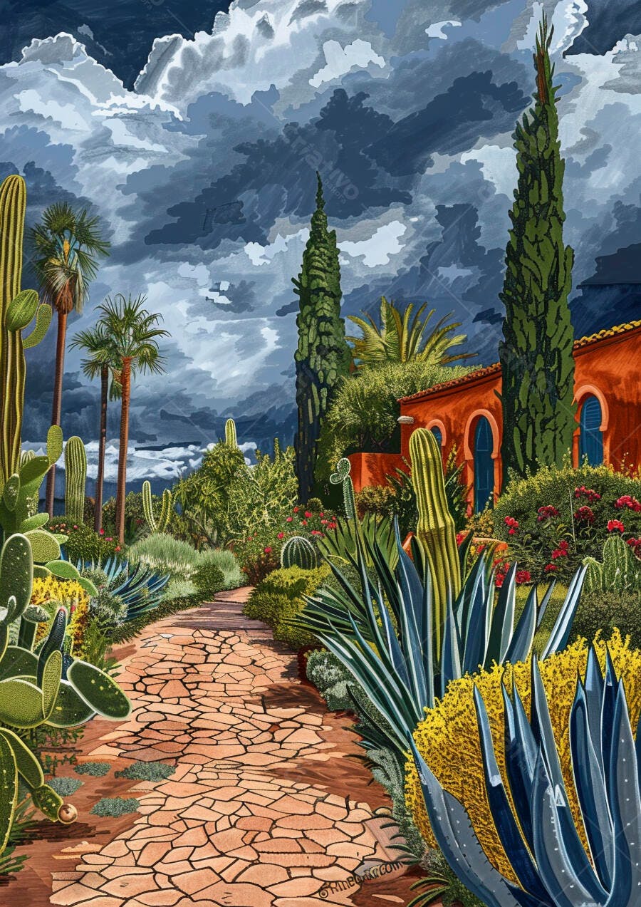 Jardim desértico com cactos agaves e palmeiras sob céu dramático casa terracota