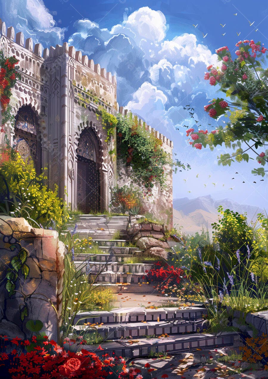 Castelo antigo com jardim exuberante e escadaria de pedra sob céu azul claro