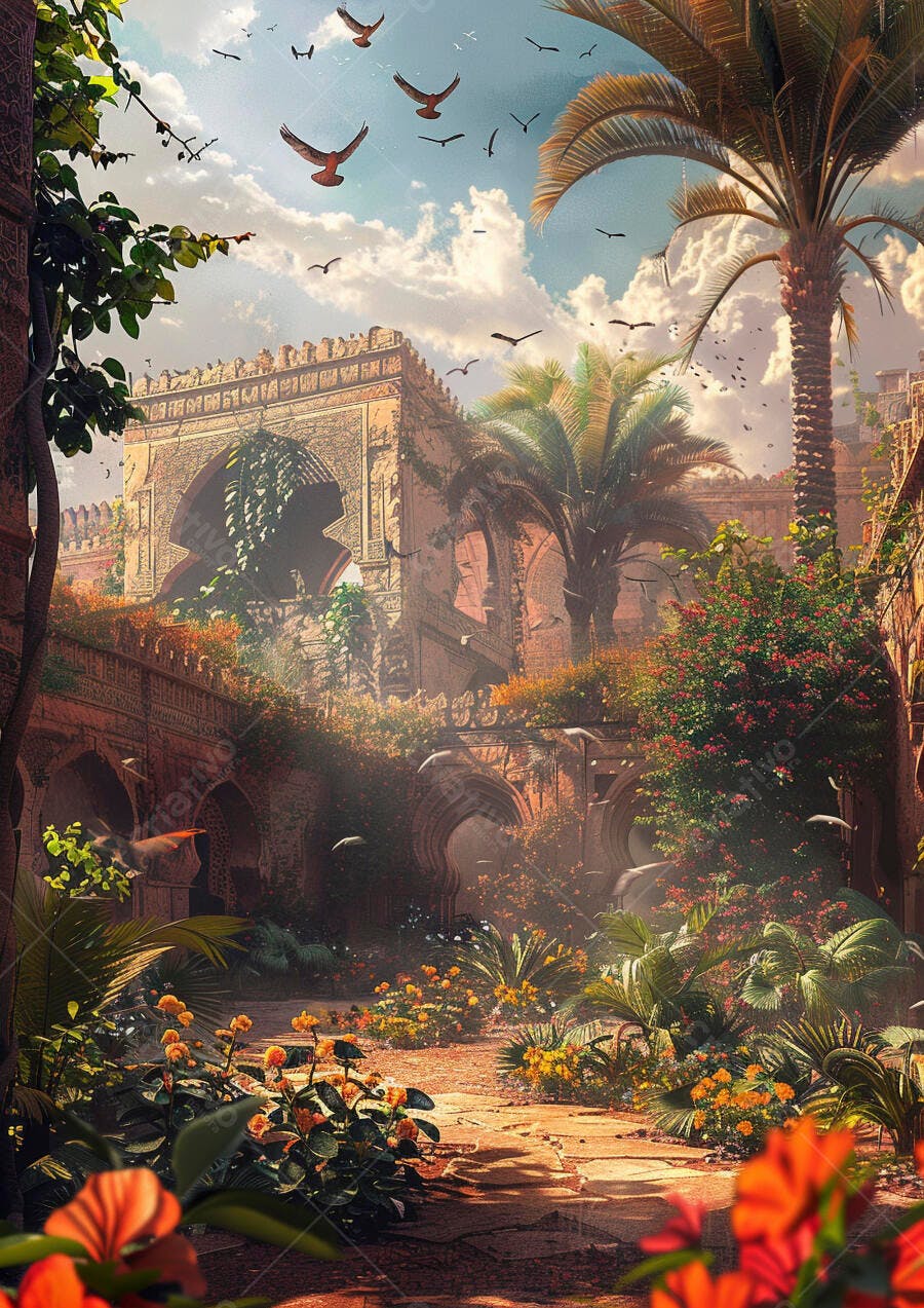 Ruínas orientais com jardim exuberante e pássaros ao pôr do sol