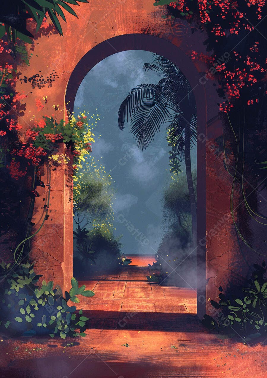 Arco místico com portal para jardim noturno e plantas brilhantes
