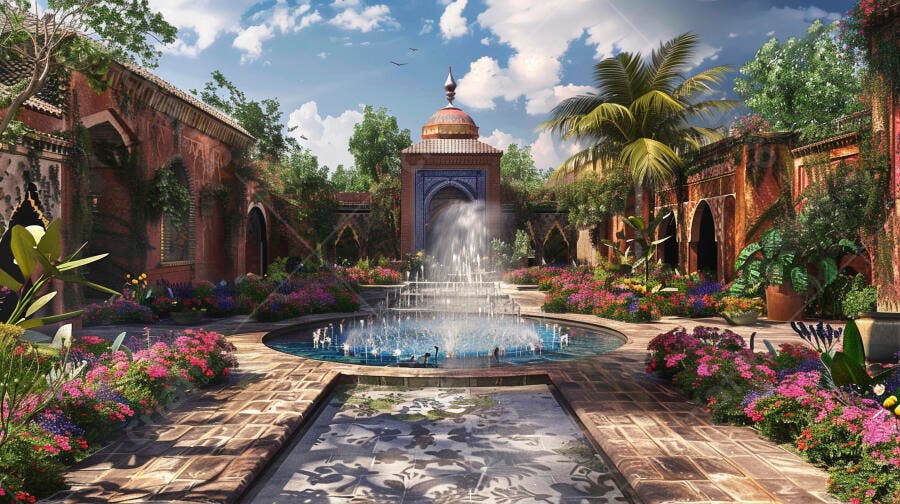 Jardim marroquino com fonte azulejada central e edifícios em terracota
