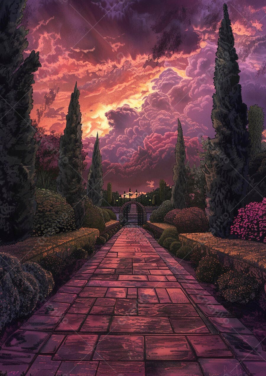 Caminho de pedra roxo em jardim formal com céu dramático laranja ao entardecer