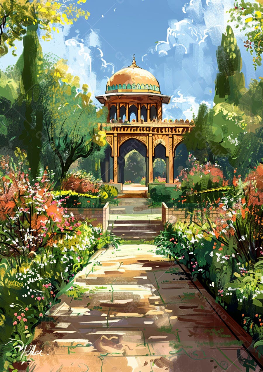 Pavilhão dourado em jardim exuberante com flores coloridas e caminho de pedra