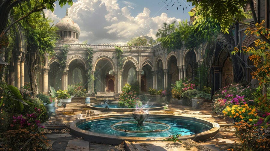 Pátio palaciano com fontes azuis e jardins exuberantes em arquitetura mourisca