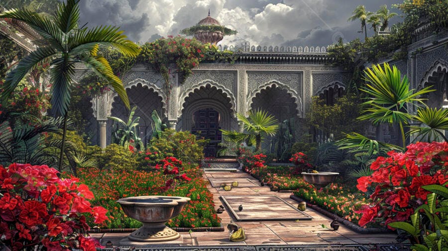 Jardim exótico com arquitetura mourisca e flores vermelhas vibrantes sob céu nublado