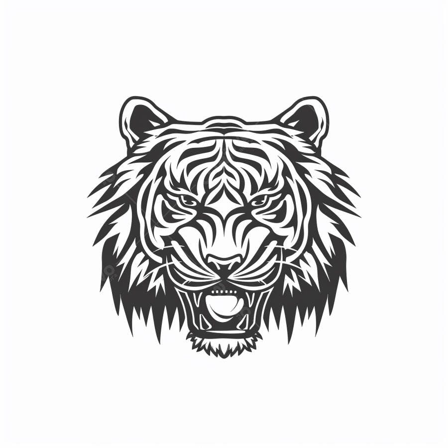 Tigre cabeça ilustração rugindo em estilo tribal preto e branco
