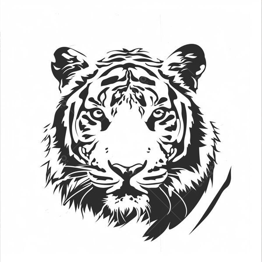 Ilustração de cabeça de tigre em preto e branco estilo gráfico detalhado