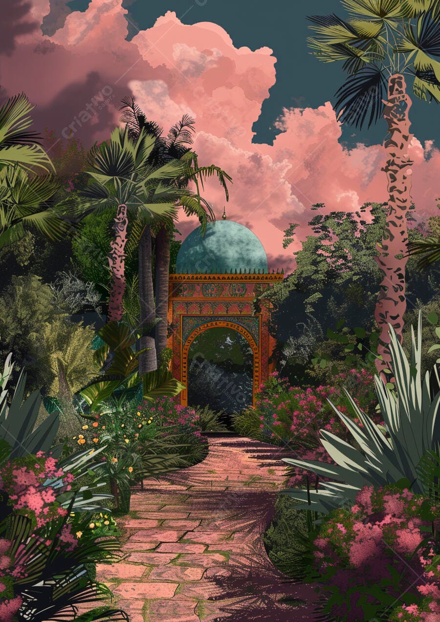 Portão marroquino com cúpula em jardim exótico sob céu rosa ao pôr do sol