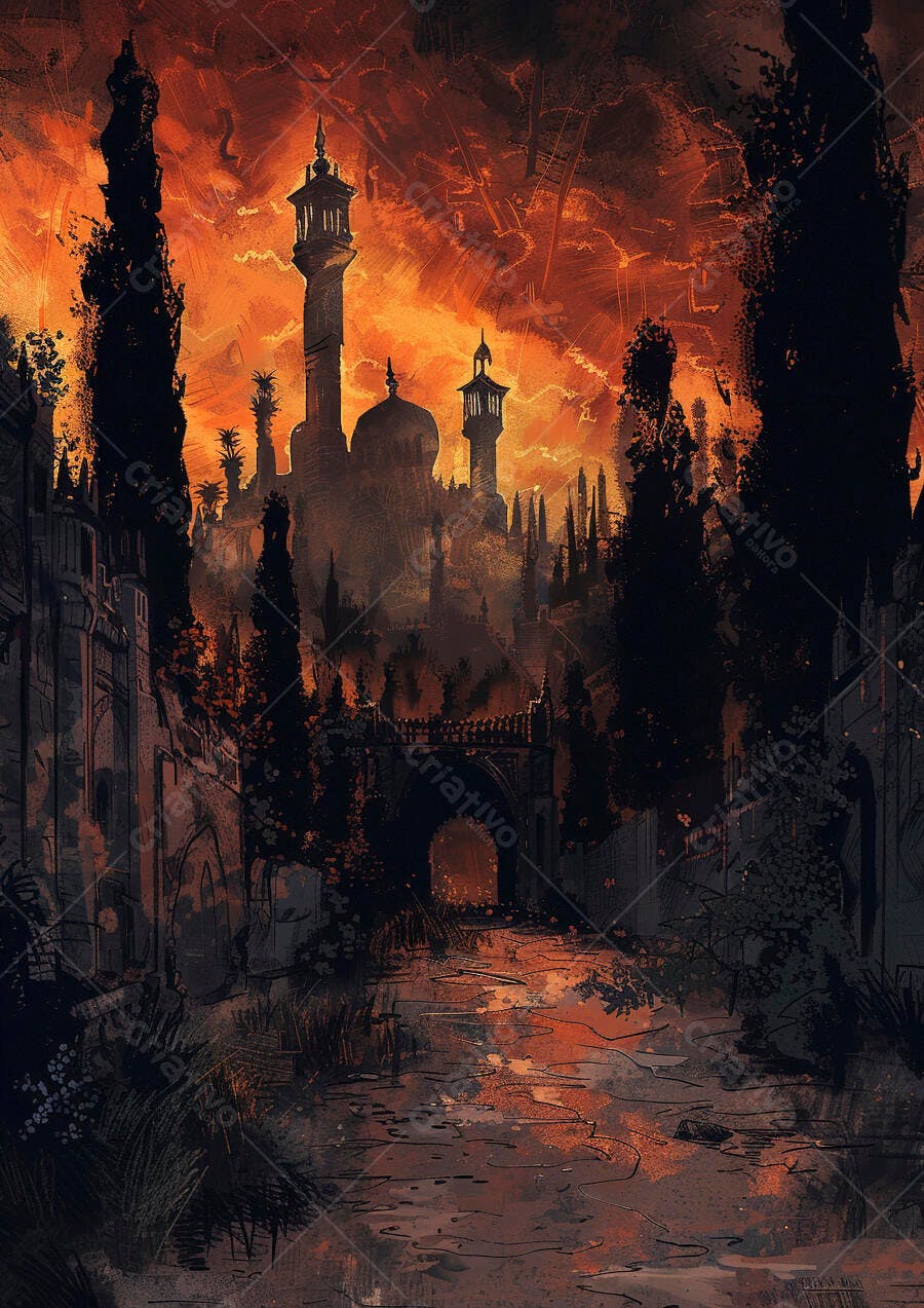 Cidade árabe mística com minaretes sob céu alaranjado e avermelhado ao entardecer