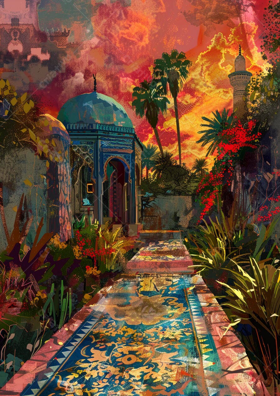 Mesquita com cúpula azul em jardim exótico ao pôr do sol vibrante