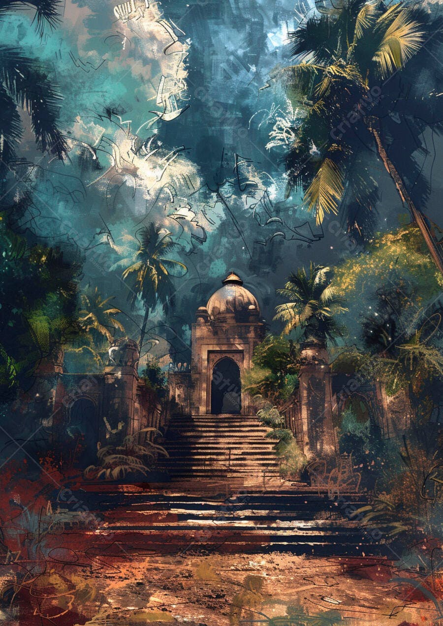 Templo antigo em selva tropical com escadaria e palmeiras sob céu etéreo
