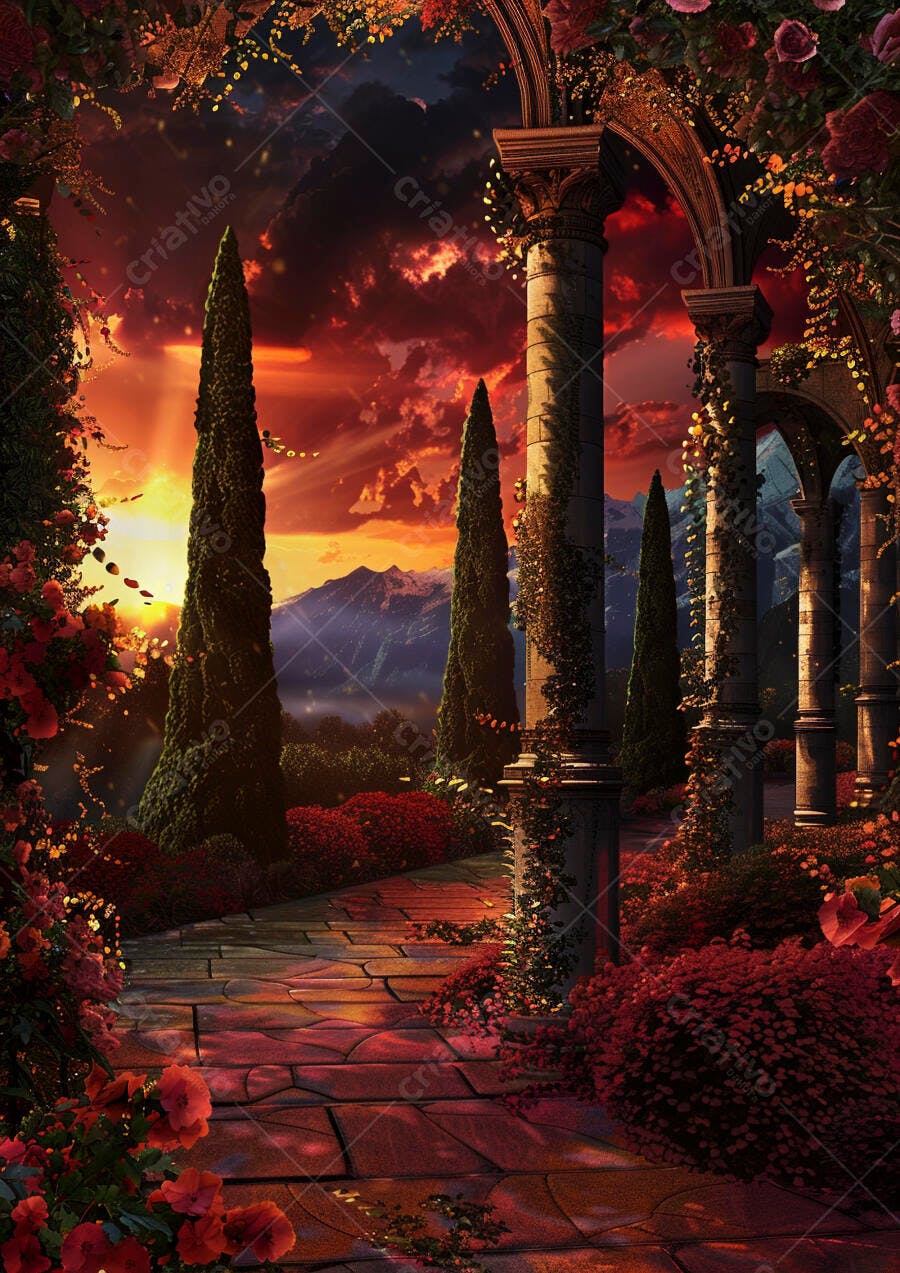 Jardim de fantasia com colunas romanas e flores vermelhas ao pôr do sol