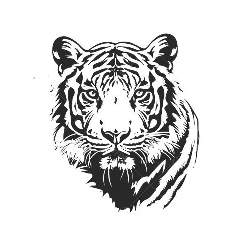 Tigre cabeça ilustração estilo tribal em preto e branco com olhar intenso