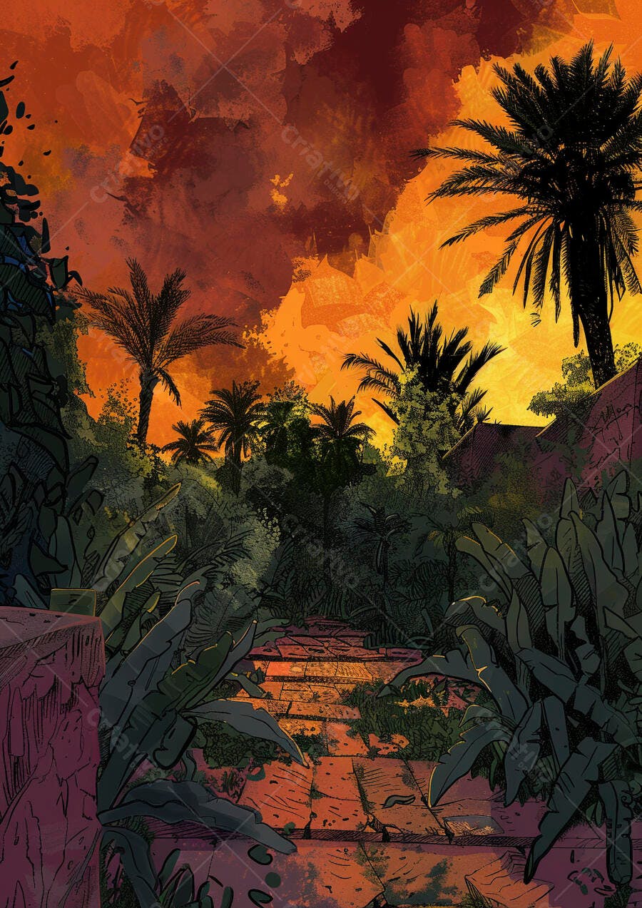 Ilustração vibrante de paisagem tropical com palmeiras e caminho ao pôr do sol