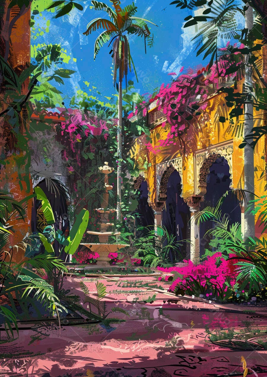Jardim exótico com fonte e bougainvilles rosas sob céu azul vibrante