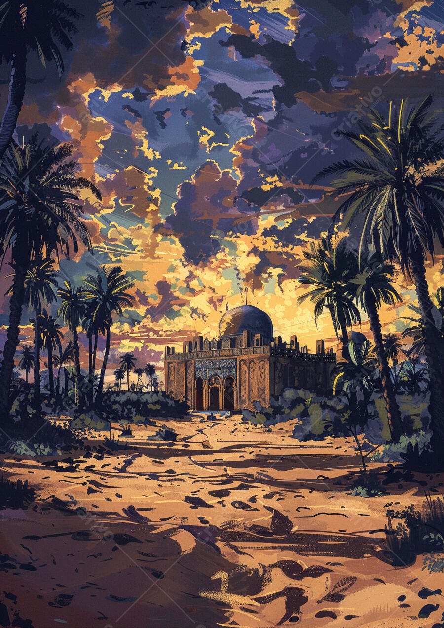 Templo antigo no deserto com palmeiras e céu dramático do pôr do sol